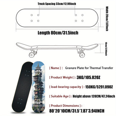 Professional-Grade Longboard Skateboard - Ultra-Lightweight Lightweight Construction, Tall Pagoda Clock Tower Graphic - for Street Skateboarding, Downhill, Cruising - Intermediate Skateboard for Adults & Teens - Skateboard Pa
