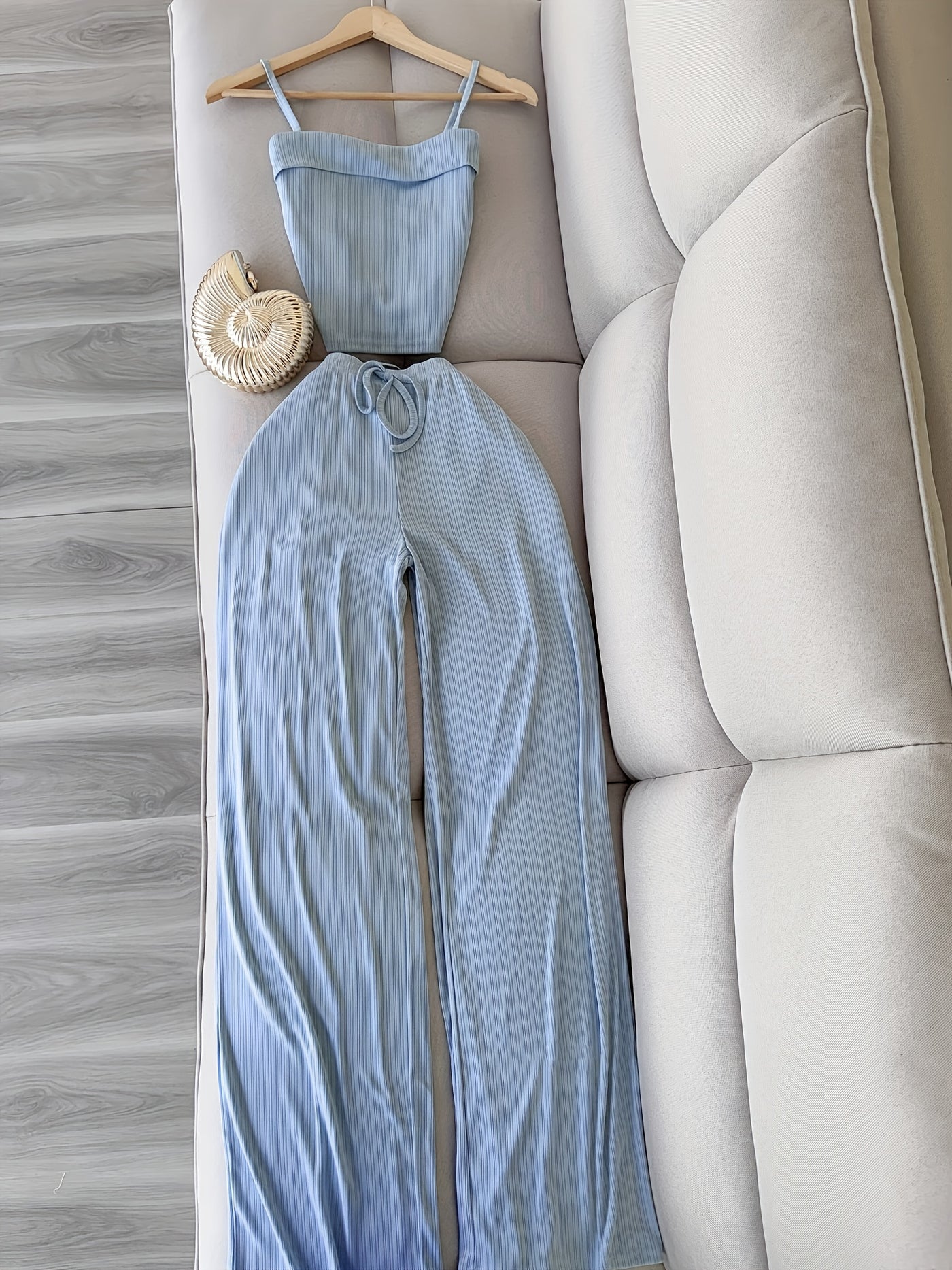 Elegant Light Blue Sleeveless Top & Wide-Leg Pants Set