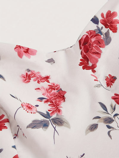 Elegant Off-Shoulder Floral Print Dress with Red Bow Straps