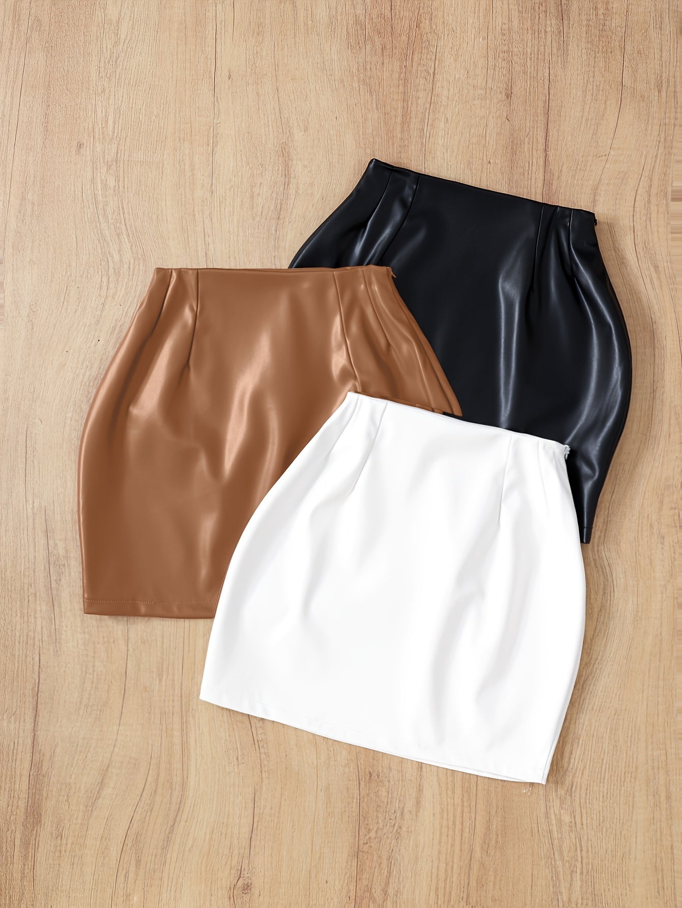 Women's Elegant Casual Half Skirt Set of 3pcs in Black, White, and Brown Solid Colors with Waist Wrap