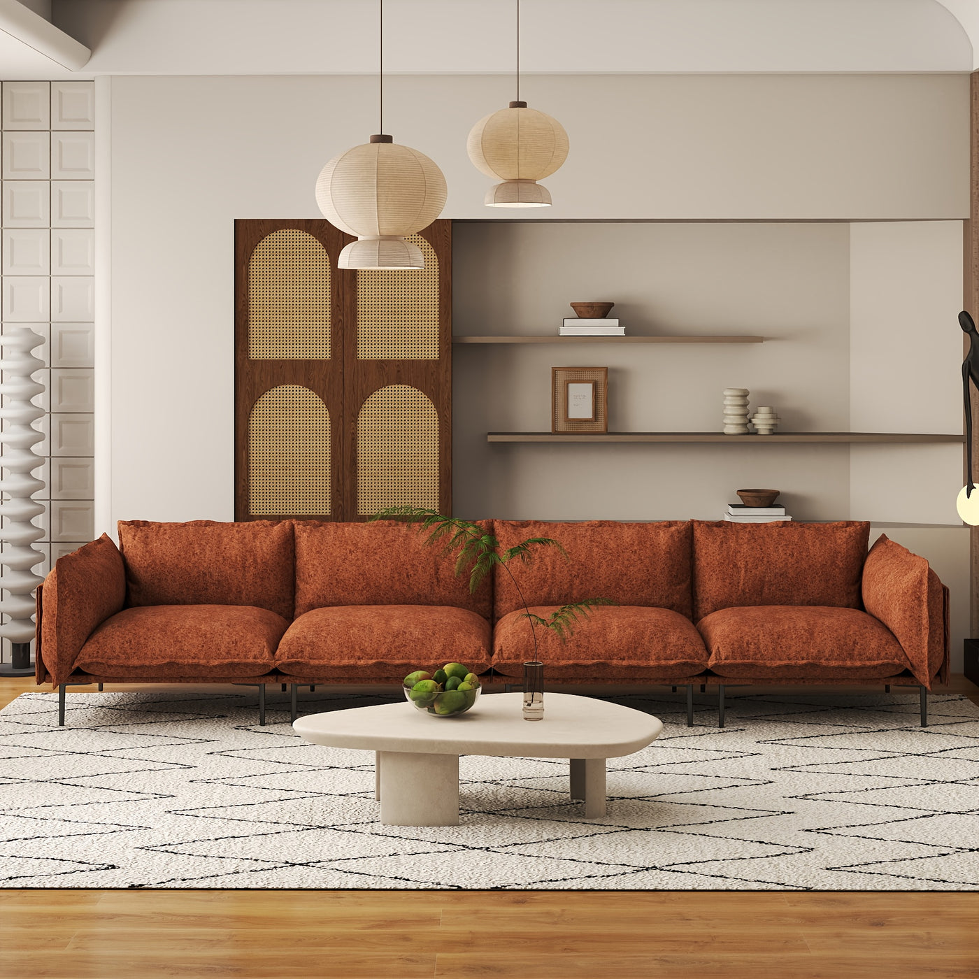 Modern Minimalist 4-Seater Modular Sectional Sofa - 147" Deep Seat Cloud Couch with Plush Chenille Upholstery, Hardwood Frame & Cushioned Backrest, White Fabric for Living Room, Bedroom, Office - No Assembly Required, Section