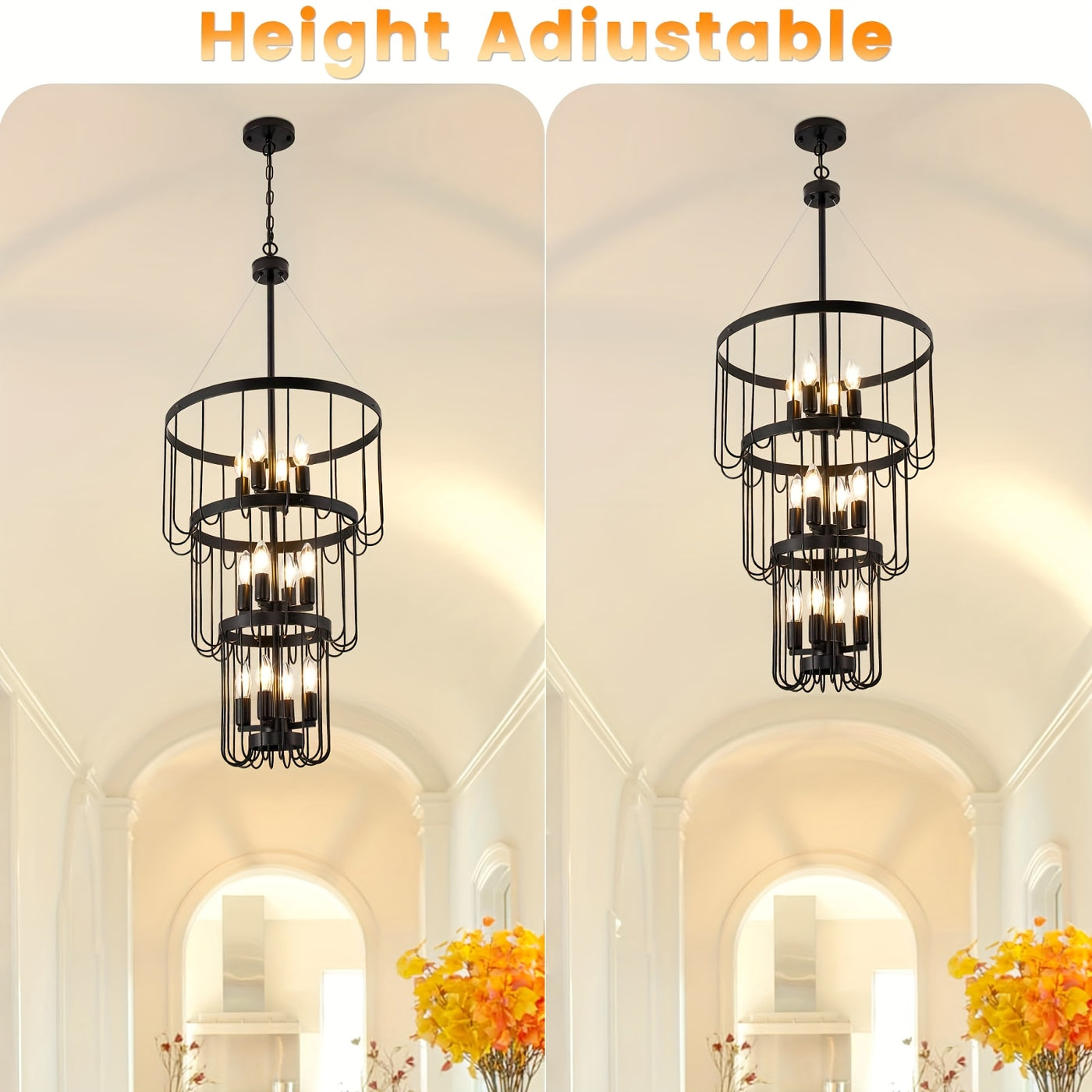 18 Inch Farmhouse Chandelier - 12-Light Adjustable Tiered Pendant Light Fixture, Black & Golden Modern Rust-Resistant Metal Lantern for Entryway, Staircase, Foyer, Dining Room - Semi-Flush Mount, E12 Bulb Compatible (Bulbs No