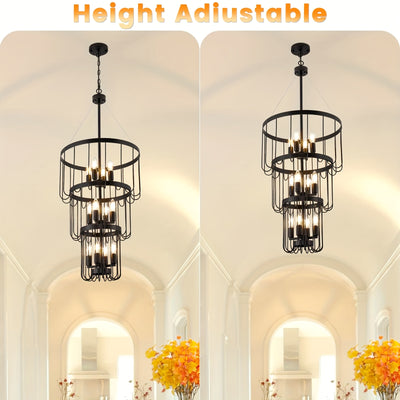 18 Inch Farmhouse Chandelier - 12-Light Adjustable Tiered Pendant Light Fixture, Black & Golden Modern Rust-Resistant Metal Lantern for Entryway, Staircase, Foyer, Dining Room - Semi-Flush Mount, E12 Bulb Compatible (Bulbs No