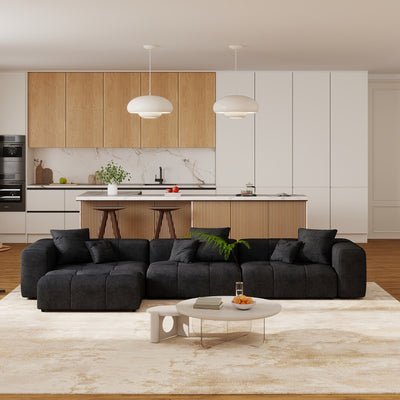 144" Modern White Linen Modular Sectional Sofa with 2 Ottomans - 3-Seater L-Shaped or U-Shaped Configurations, Plush Cushioned Deep Seat, Hardwood Frame & Chenille Fabric, Removable Washable Cover, Neutral-Toned Living Room C