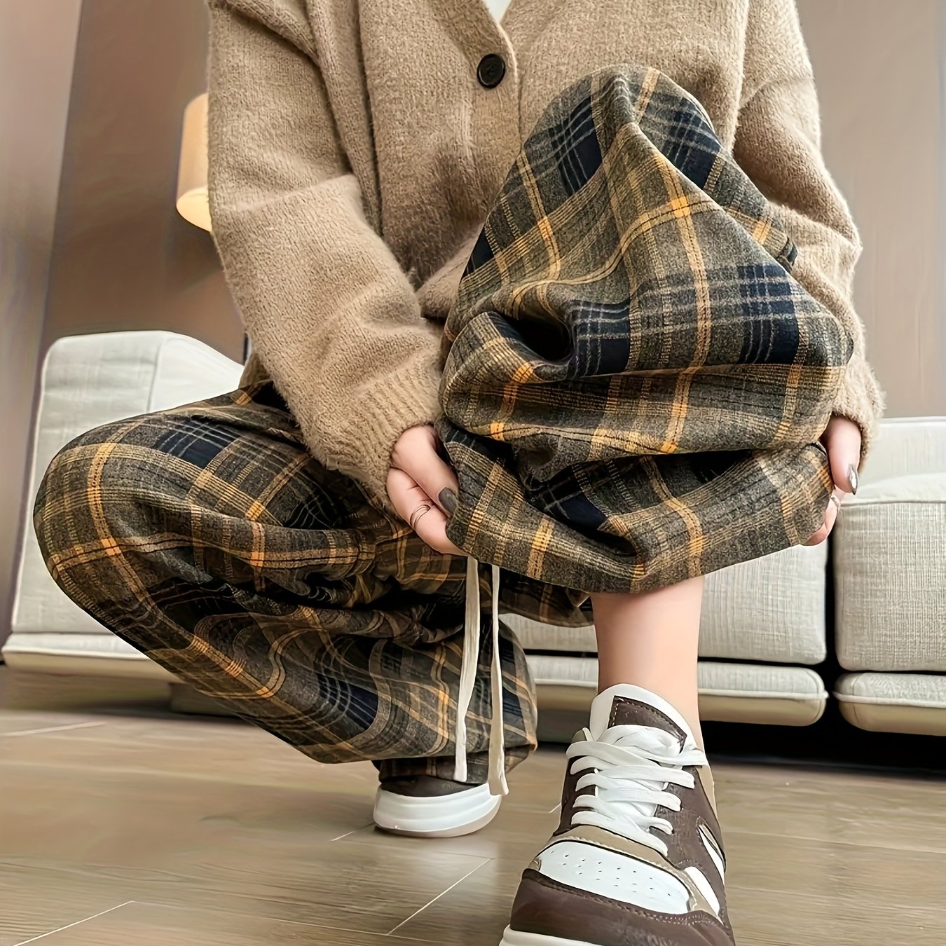 Women's Black & White Plaid Wide-Leg Pants - All-Season Loose Trousers with Drawstring Waist, Non-Transparent Casual Everyday & Formal Outfits, Machine Washable Elegant Pants for Women, Comfortable Clothing, Korean Fashion St