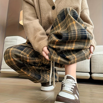 Women's Black & White Plaid Wide-Leg Pants - All-Season Loose Trousers with Drawstring Waist, Non-Transparent Casual Everyday & Formal Outfits, Machine Washable Elegant Pants for Women, Comfortable Clothing, Korean Fashion St