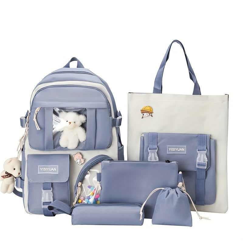 New Five-piece Backpack Korean Version Of The School Bag Women's Lightweight Harajuku Ins Casual Backpack Cute Bear Pendant Backpack