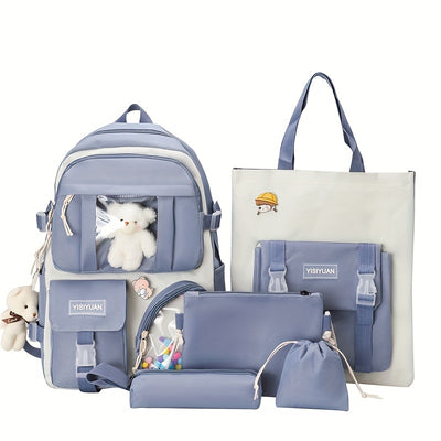 New Five-piece Backpack Korean Version Of The School Bag Women's Lightweight Harajuku Ins Casual Backpack Cute Bear Pendant Backpack