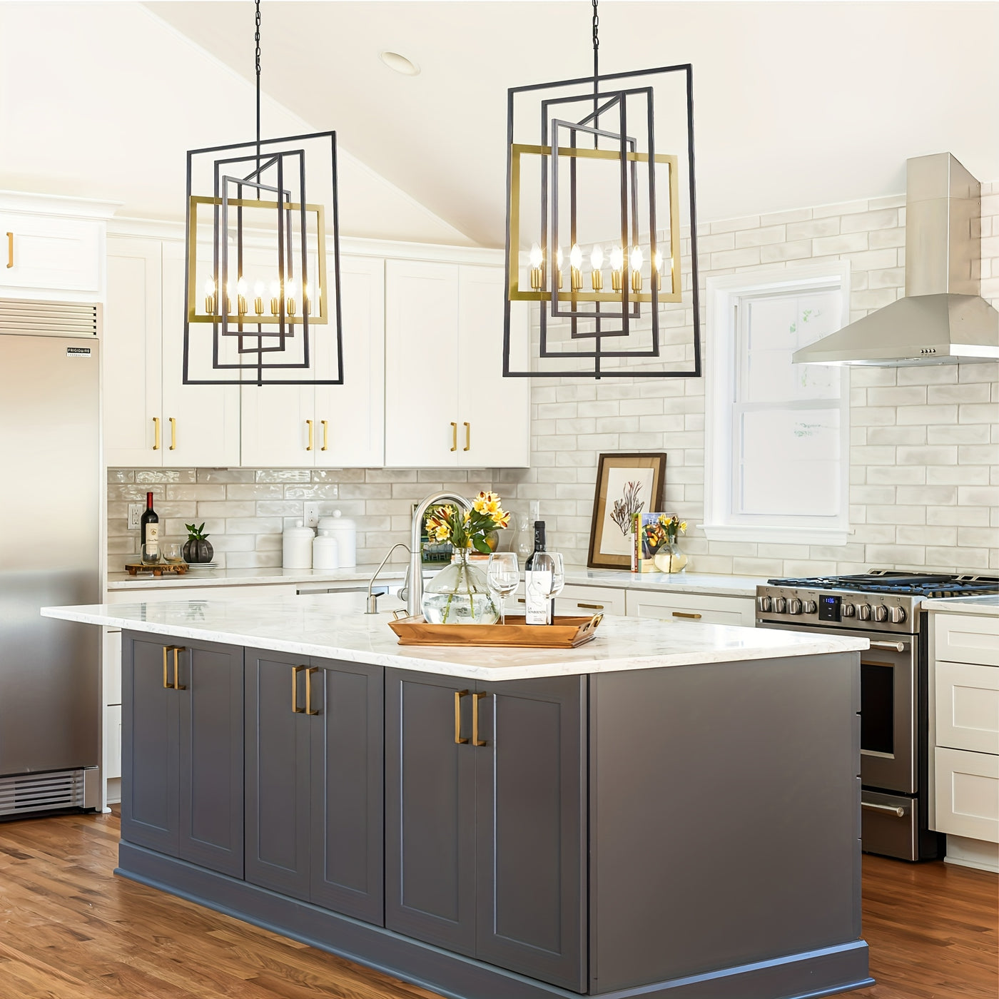 Modern 7 Light Chandelier, 23 Inch Swivel Rectangular Pendant Light Rustic Industrial Farmhouse Foyer Lighting Fixture For High Ceilings For Kitchen Island, Stairs, Entryway