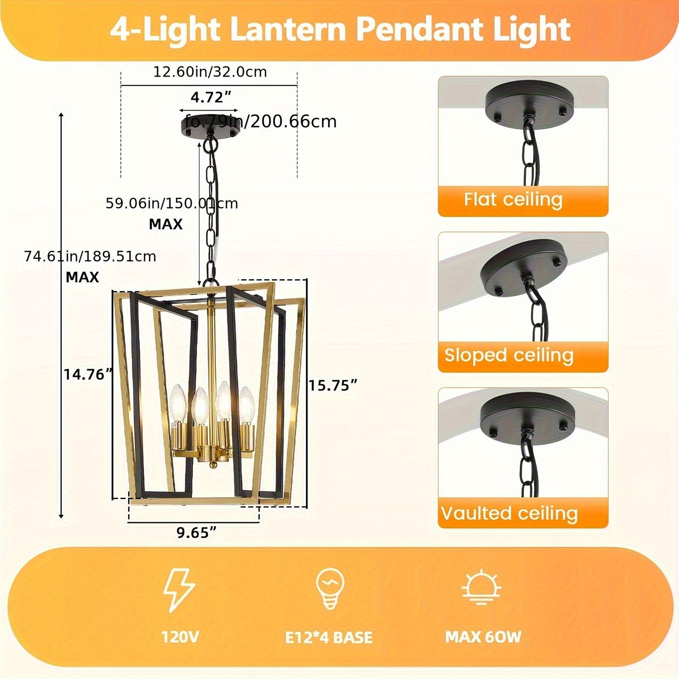 4-Light Adjustable Height Chandelier, Modern Farmhouse Geometric Metal Pendant Light Fixture with Polished Golden Finish & Rust-Resistant Powder Coating, E12 Base for Kitchen Island, Entryway, Foyer, Dining Room, Chandeliers