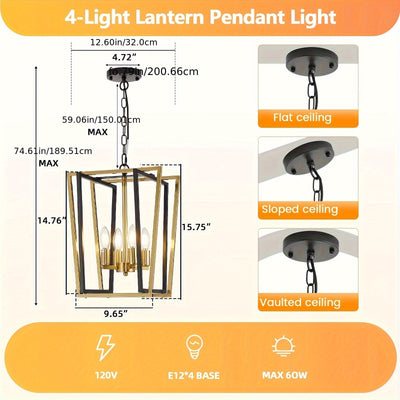 4-Light Adjustable Height Chandelier, Modern Farmhouse Geometric Metal Pendant Light Fixture with Polished Golden Finish & Rust-Resistant Powder Coating, E12 Base for Kitchen Island, Entryway, Foyer, Dining Room, Chandeliers