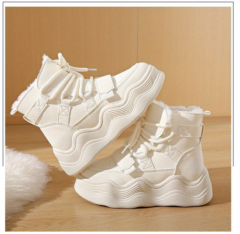 2024 Winter Fleece-Lined White Sneakers - Korean Style Insulated Women'S High-Top Lace-Up Shoes, Thick-Soled Casual & Sports Shoes with PU Upper, Rubber Sole, and Breathable Fabric Lining for Cold Weather Comfort, Casual Foot