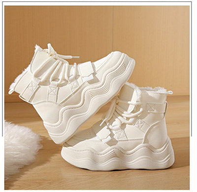 2024 Winter Fleece-Lined White Sneakers - Korean Style Insulated Women'S High-Top Lace-Up Shoes, Thick-Soled Casual & Sports Shoes with PU Upper, Rubber Sole, and Breathable Fabric Lining for Cold Weather Comfort, Casual Foot