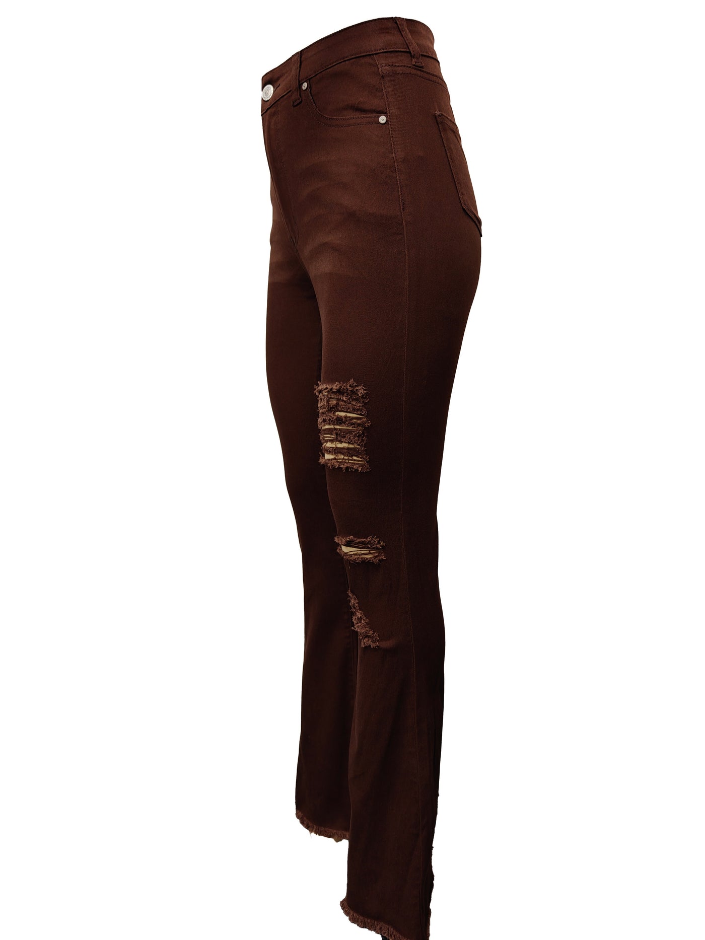 1pc Bohemian High-Waisted Ripped Flare Jeans for Women, Slim Fit, Brown Solid Denim, Frayed Hem, Casual Fashion, Korean Style, American-Inspired, All-Season, Woven, Washed, 68. 3%, 30. 2%, Spandex 1. 5%