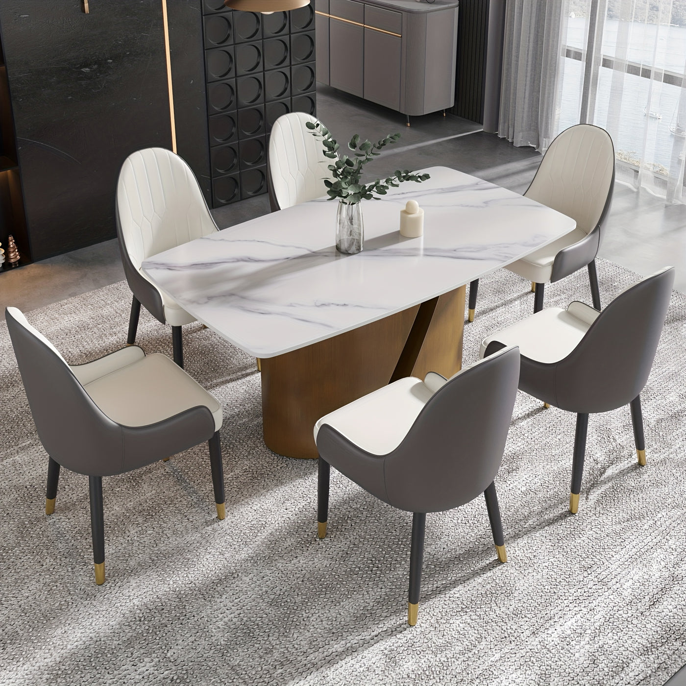 Modern Marble Dining Table for 6-8(Chairs Not Included), 63" White Rectangle Dining Table, Luxury Sintered Stone Dining Tabletop with Bronze Carbon Steel Pedestal Dinner Table for Kitchen Dining Room