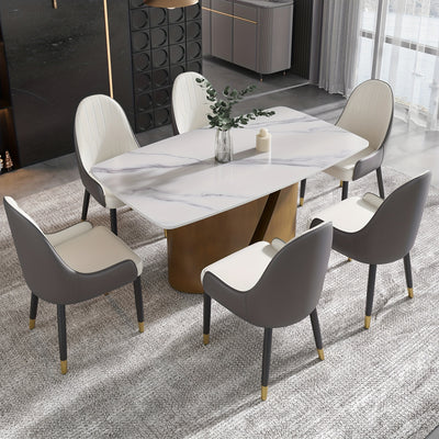 Modern Marble Dining Table for 6-8(Chairs Not Included), 63" White Rectangle Dining Table, Luxury Sintered Stone Dining Tabletop with Bronze Carbon Steel Pedestal Dinner Table for Kitchen Dining Room
