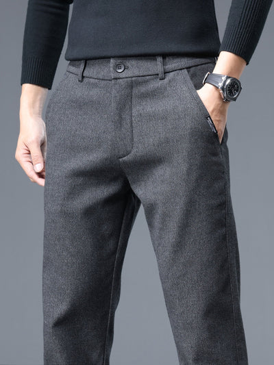 Men's Thermal Padded Slim Fit Trousers, 8891# Winter Woolen Men's Pants, Korean Style Business Casual, Polyester Blend, Regular Length, Zipper Closure, Straight Leg, Mid-Waist, Embroidery Detail, 420gsm