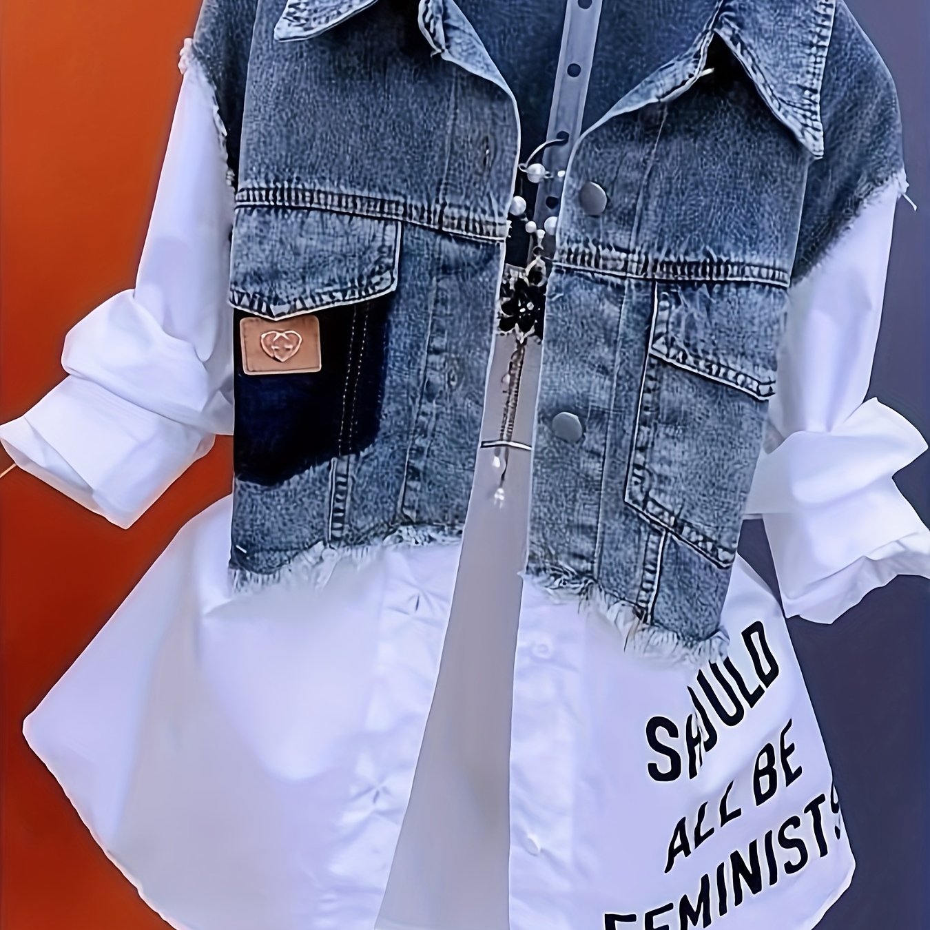 Women's Denim Jacket with White Puffed Sleeves & "SAUL BE ALRIGHT" Patch - Casual Button-Front Korean Streetwear Coat, Machine-Washable All-Season Layering Piece for Women