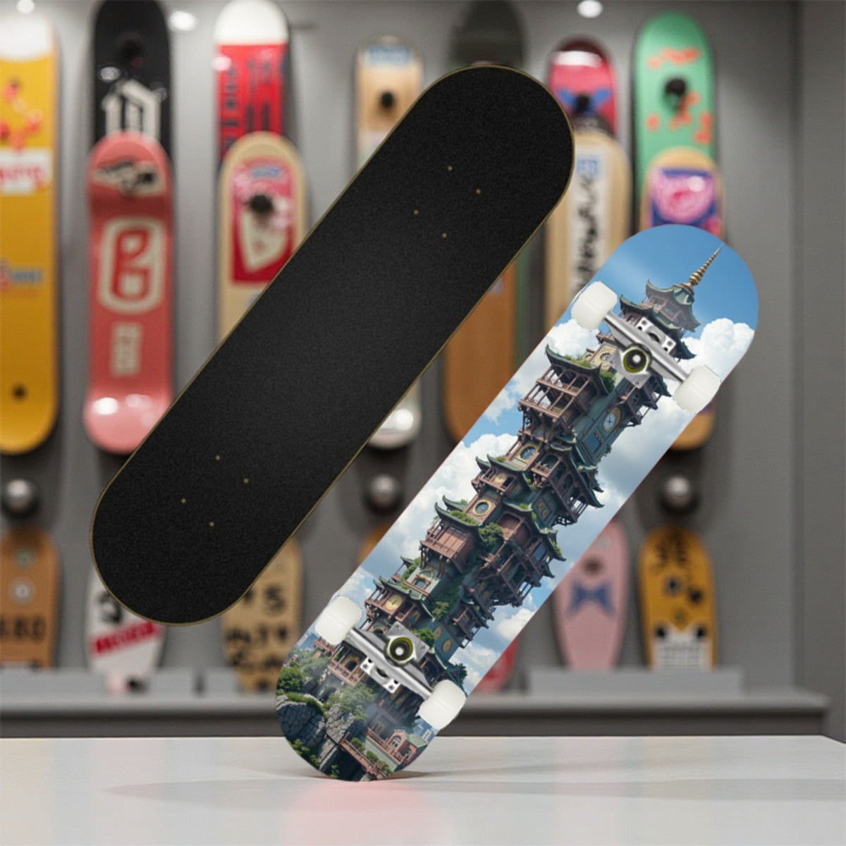 Professional-Grade Longboard Skateboard - Ultra-Lightweight Lightweight Construction, Tall Pagoda Clock Tower Graphic - for Street Skateboarding, Downhill, Cruising - Intermediate Skateboard for Adults & Teens - Skateboard Pa
