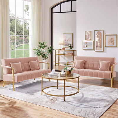 Costoffs Velvet Fabric Sofa Couch, 56.5″ W Modern Loveseat Couch with Gold-tone Metal Arms, Legs & 2 Pillows, Sofa for Living Room, Bedroom Furniture, Halloween Gift, Pink/Green/Gray