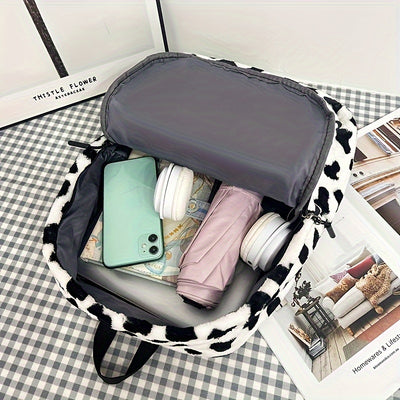 Women'S Cow Print Fleece Backpack, Korean Style Casual Shoulder Bag, Polyester Lining, Adjustable Straps, Zip Closure, Lightweight, Random Print, Versatile for School & Outings