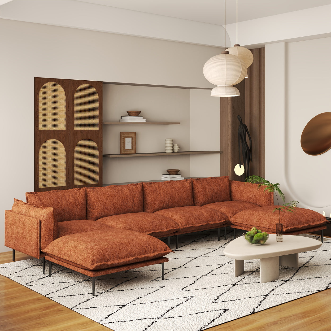Modern Minimalist Upholstered Couches, U Shape Cloud Modular Sectional Sofa with 2 Ottoman, Comfort Deep Seat U Shaped Couch for Living Room