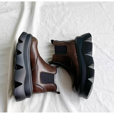 Women's Slip-On Chunky Platform Ankle Boots - Round Toe Winter Casual Shoes with Faux Cover & Fabric Upper, Thick Rubber Sole for Warmth & Traction, Versatile for Everyday & Semi-Formal Outfits, Durable Traction Footwear