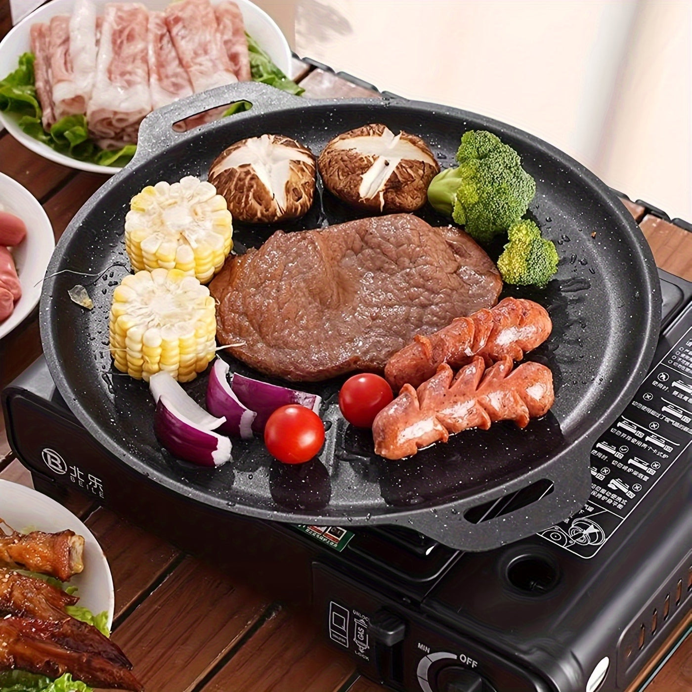 Korean Grill Pan with 6 Non-Stick Coated Layers, Smokeless Round Frying Stone Plate, Suitable for Induction Cooker, Gas Stove, Outdoor Camping, Indoor or Outdoor Barbecue, Party Birthday Gift