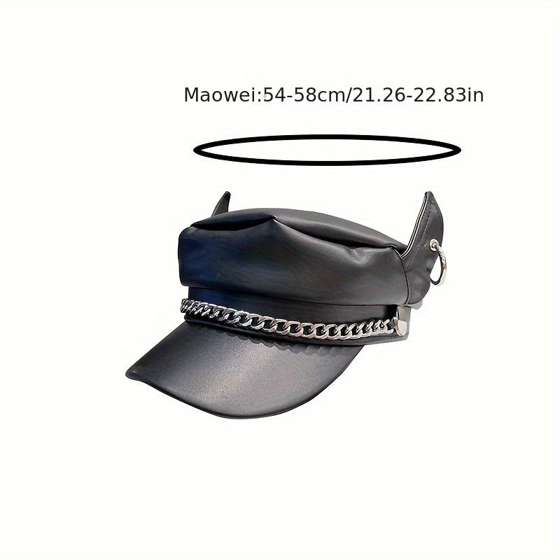 Women's Faux Leather Devil Horns Beret Cap, Korean Street Style, Non-Stretch, Waterproof, Knitted, PU Leather, Fall/Winter Fashion Accessory
