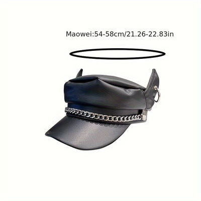 Women's Faux Leather Devil Horns Beret Cap, Korean Street Style, Non-Stretch, Waterproof, Knitted, PU Leather, Fall/Winter Fashion Accessory