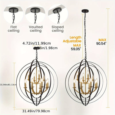 12-Light Modern Farmhouse Chandelier - 31.5" Black Round Pendant Light Fixture for High Ceilings, Adjustable Height (32"-90"), E12 Bulb Compatible, Entryway, Kitchen Island, Staircase & Foyer Lighting, Versatile Lighting Fixt
