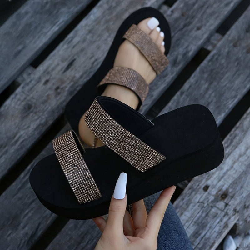 2025 Summer Elegant Women's Rhinestone-Decorated Double-Belt Strap Flat Wedge Sandals - Open-Toe Breathable Fabric Upper, Soft EVA Insole & Non-Slip Rubber Sole for Daily Wear & Vacation - Japanese/Korean Inspired Design, Str