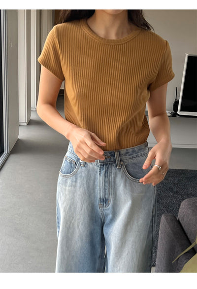 Women's Summer Round Neck Texture Short Sleeve T-shirt Top