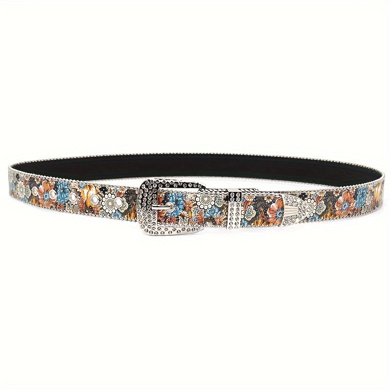 Vintage Boho Floral Print Skull Belt - Y2K Street Style with Pin Buckle, Rhinestone Accents, Waistband for Jeans, Dresses & Pants, Wedding & Casual Attir