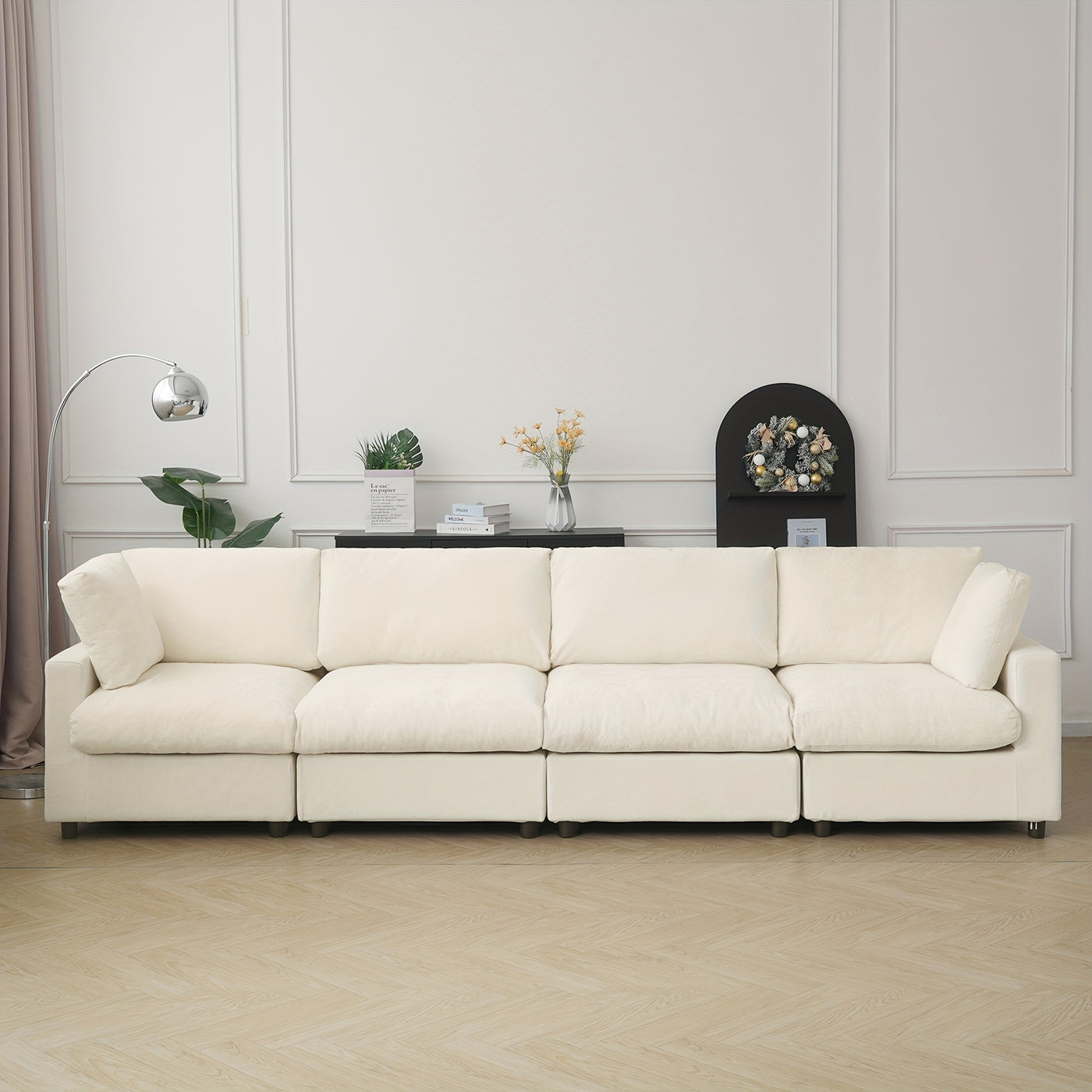 134" Extra Long Modular Sectional Sofa - 4-Seater Convertible L-Shaped Couch with Chaise Lounge, Washable Fabric Upholstery & Plush Cushions, Modern Minimalist Black Sectional Sofa for Large Living Room, Apartment, Open-Conce