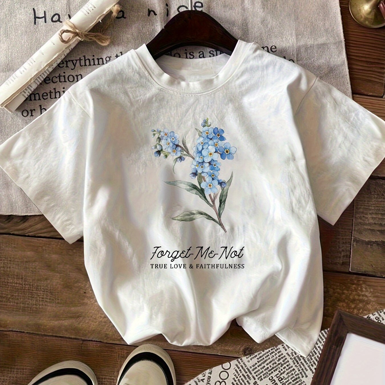 Women's White Casual Short Sleeve T-Shirt with Blue Forget-Me-Not Floral Print & Inspirational Quote - Round Neck Relaxed Fit, Breathable Medium-Stretch Fabric for Spring Summer Fall, Machine Washable, Ladies Tshirts, Spring