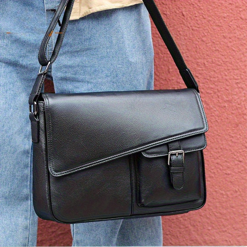 Genuine Leather Unisex Crossbody Messenger Bag - Sleek Minimalist Design with Adjustable Strap, Multiple Compartments & Metal Hardware, Black for Men & Women, Casual & Professional Use, Versatile Travel Purse | Korean Fashion
