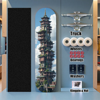 Professional-Grade Longboard Skateboard - Ultra-Lightweight Lightweight Construction, Tall Pagoda Clock Tower Graphic - for Street Skateboarding, Downhill, Cruising - Intermediate Skateboard for Adults & Teens - Skateboard Pa
