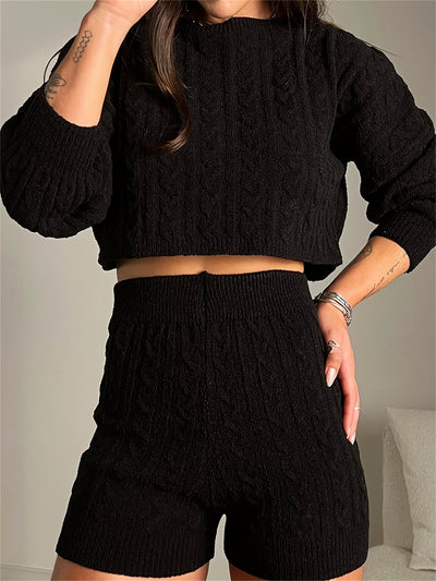 A Two-Piece Set Featuring a Round-Neck Long-Sleeve Cable- Cropped Sweater And High-Waisted Shorts for .