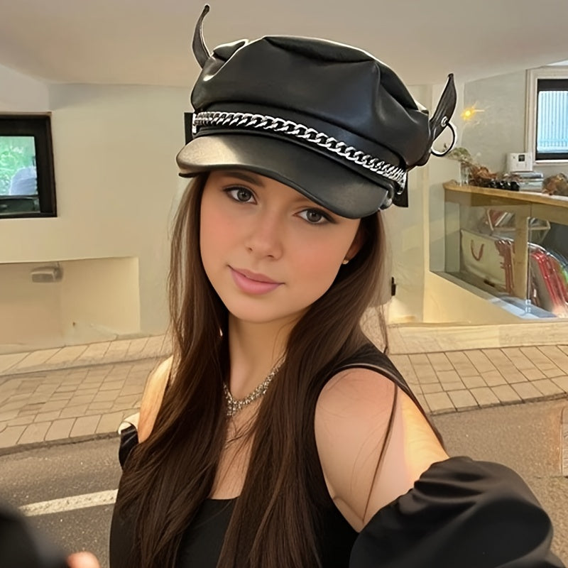 Women's Faux Leather Devil Horns Beret Cap, Korean Street Style, Non-Stretch, Waterproof, Knitted, PU Leather, Fall/Winter Fashion Accessory