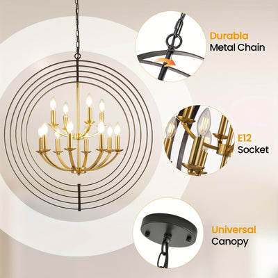 12-Light Modern Farmhouse Chandelier - 31.5" Black Round Pendant Light Fixture for High Ceilings, Adjustable Height (32"-90"), E12 Bulb Compatible, Entryway, Kitchen Island, Staircase & Foyer Lighting, Versatile Lighting Fixt
