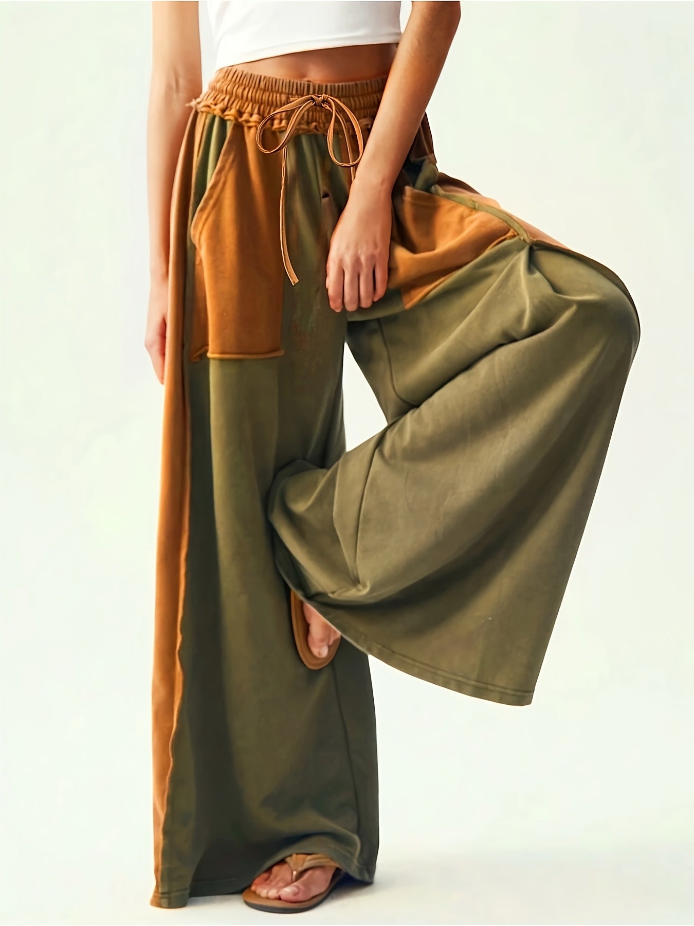 High-Waisted Wide-Leg Pants with Two-Tone Patchwork
