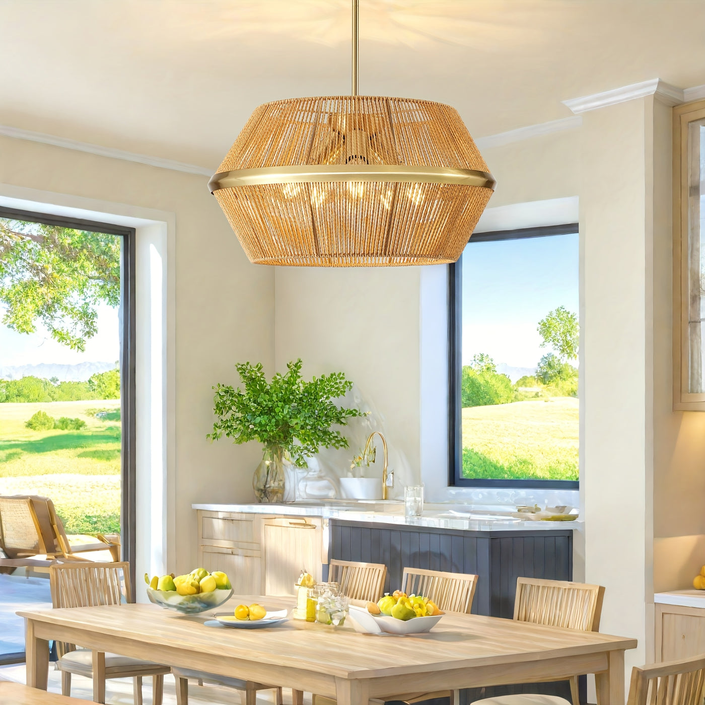 19" Adjustable Height 5-Light Black Rattan Farmhouse Chandelier - Hand-Woven Boho Pendant Light Fixture for High Ceilings, Rustic Dining Room & Kitchen, Easy Install with Hardware Included