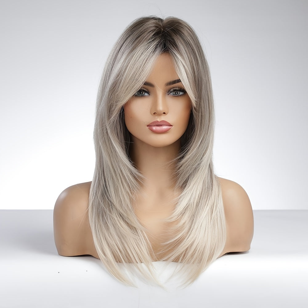 [Ombre Gray Heat Resistant Wig] Heat Resistant Long Straight Ombre Gray Wig - Elegant Women's Layered Synthetic Wig with Rose Net Cap for Daily Use & Cosplay