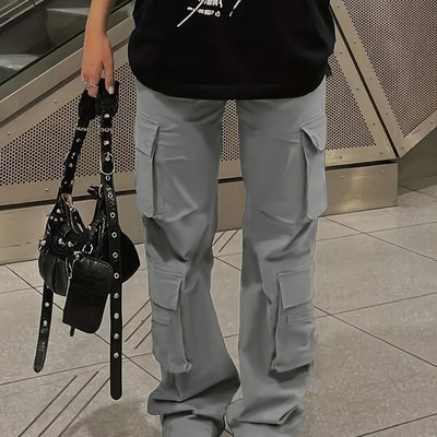 [Y2K Fashion Cargo Pants] Women's High-Waisted Cargo Pants with Flap Pockets, Y2K Kpop Style, Retro Streetwear, Loose Fit Polyester Straight Leg Trousers for All Seasons, Casual Wear Pants|Y2K Fashion|Polyester Fabri