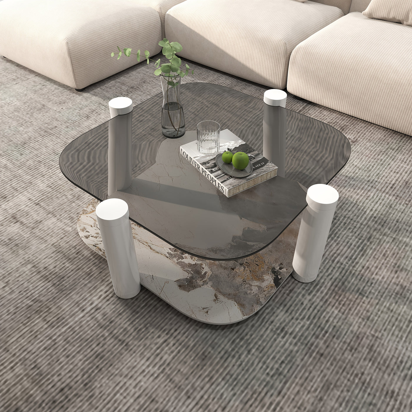 35.4 Inches Coffee Table, 2-layer Storage Space, Round Decorative Table, Rock Board And Glass Can Be Freely Matched, Suitable For Living Room, Bedroom, Small Space