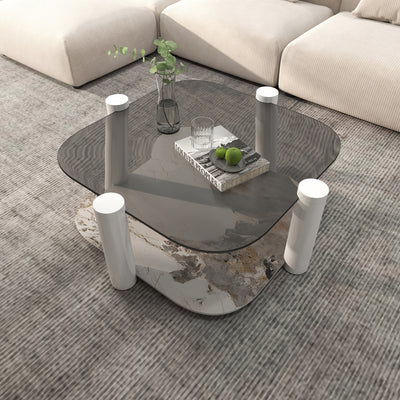 35.4 Inches Coffee Table, 2-layer Storage Space, Round Decorative Table, Rock Board And Glass Can Be Freely Matched, Suitable For Living Room, Bedroom, Small Space