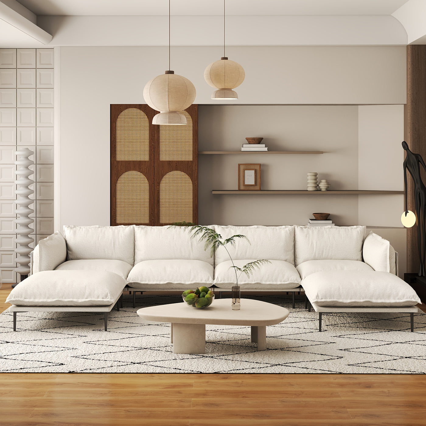 Modern Minimalist Upholstered Couches, U Shape Cloud Modular Sectional Sofa with 2 Ottoman, Comfort Deep Seat U Shaped Couch for Living Room