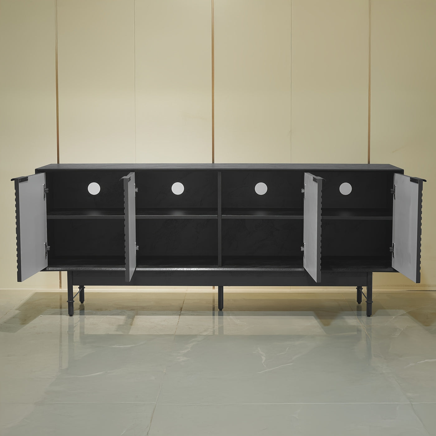 66" Modern TV Stand with Storage Cabinet - Mid-Century Modern Design, Black Artificial Wood & Metal Frame, 3, 2+ Cubic Feet Storage, 27" Height, Fits 55/60/65 Inch TVs, Easy Assembly for Living Room, Tv Table for Living Room,
