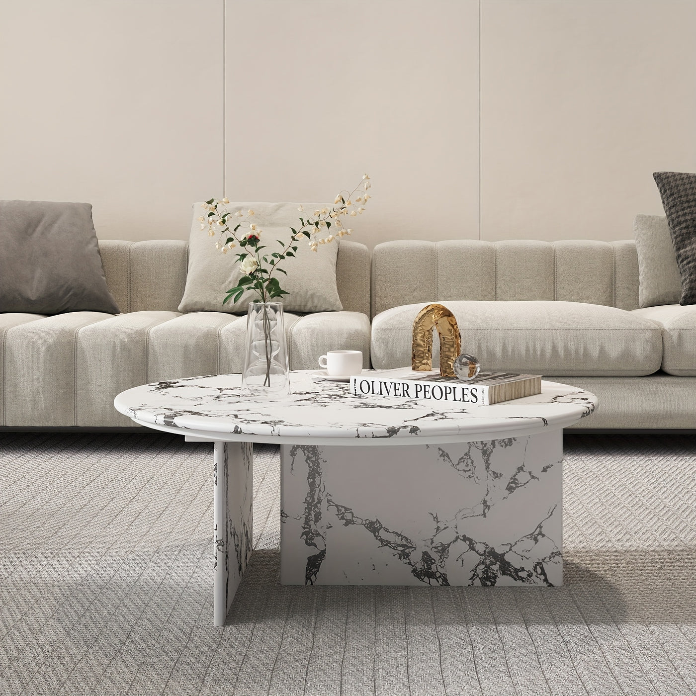 33.5" Marble Round Coffee Tables For Living Room, Center Table For Waiting Area, Space-Saving Coffee Table For Living Room
